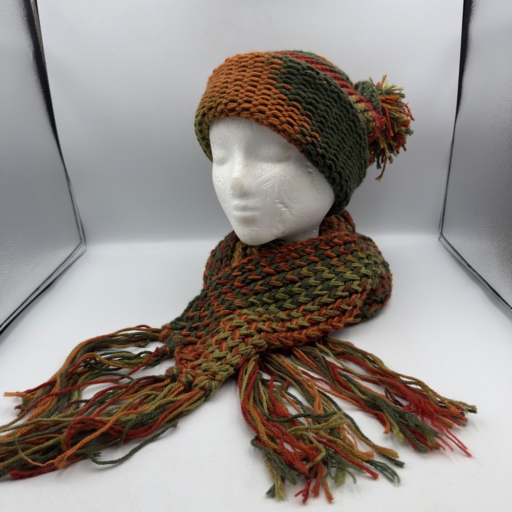 Handmade Beanie Scarf Set Green Orange Crochet Knit Winter OS Autumnal Boho